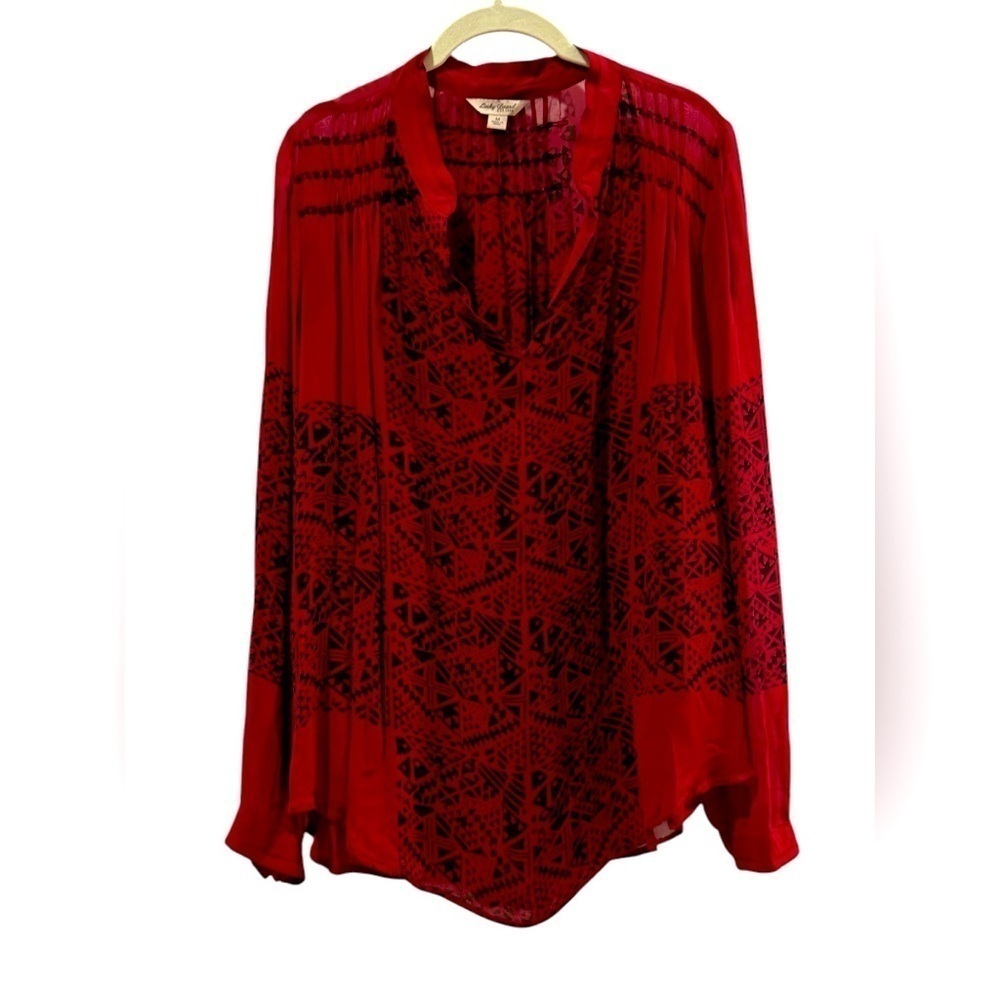 Lucky Brand Blouse Womens Red Patterned V Neck Boho Size Medium